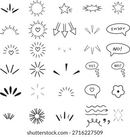 Una colección versátil de Elementos dibujados a mano de cómics y doodle, que incluyen burbujas de discurso, burbujas de pensamiento, flechas, signos de exclamación, corazones, estrellas, líneas de énfasis y acentos abstractos