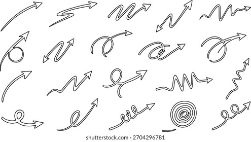 Uma coleção versátil de setas de linha tracejada desenhadas à mão, perfeito para indicar direção, fluxo ou ênfase em vários projetos de design e apresentações.