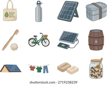Uma coleção versátil de ilustrações feitas à mão com foco em sustentabilidade, ecologia e um estilo de vida sem desperdício. Este conjunto apresenta símbolos essenciais de energia verde, como painéis solares e turbinas eólicas, juntamente com itens ecológicos do dia a dia, como sacolas reutilizáveis, garrafas de água de metal e escovas de dentes de bambu. Também inclui elementos de gestão de resíduos orgânicos, como caixotes de compostagem e hábitos sustentáveis, como andar de bicicleta e secar roupas naturalmente. Perfeito para marcas ambientais, projetos de energia verde, infográficos educacionais e conteúdo de mídia social que promovem uma vida livre de plástico e consciente da terra.