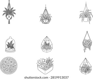 A versatile collection of hand-drawn indoor plants featuring hanging pots, succulents, and geometric glass terrariums in a minimalist black and white line art style. These vectorA versatile collection of hand-drawn indoor plants featuring hanging pots, succulents, and geometric glass terrariums in a minimalist black and white line art style. These vector