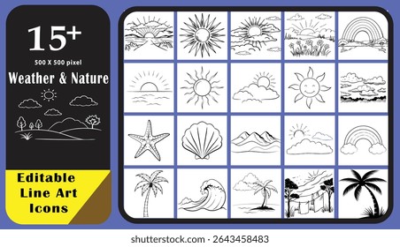 A versatile collection of hand-drawn line art weather icons and nature scenes. This editable vector set includes black and white outline illustrations of sun, clouds, rainbows, beach elements.