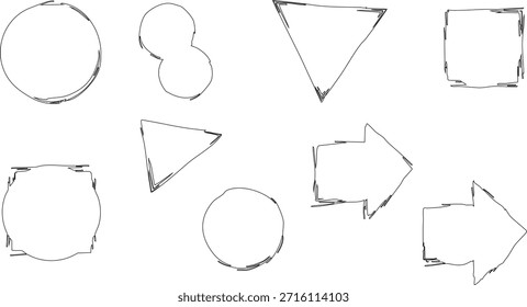 Una colección versátil de Elementos geométricos minimalistas dibujados a mano, representados en un estilo de tinta negra áspera y esquemática. El conjunto incluye contornos orgánicos de círculos, triángulos, un cuadrado y flechas en negrita, todos presentados sobre un fondo blanco limpio. Estas ilustraciones de "toque humano" son ideales para agregar una sensación personalizada de bricolaje a los planificadores digitales, superposiciones de redes sociales, identidades de marca hechas a mano y materiales educativos creativos.