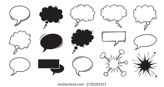 A versatile collection of handdrawn speech, thought, and comic explosion bubbles in a sketchy black and white style. Perfect for digital communication, expressive dialogue, creative ideas, and impactful graphic design projects.