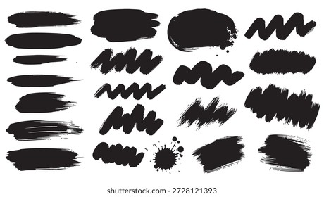 Una colección versátil de pinceladas de tinta negra pintadas a mano, pinceladas con textura y salpicaduras de tinta artística. Estos Elementos de Vector grungy son perfectos para crear fondos angustiados, tipografía moderna, marca vanguardista, carteles de estilo callejero y superposiciones de arte digital. Texturas de alta calidad que capturan una estética cruda y artesanal.