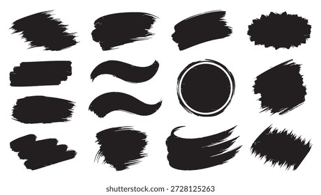 Una colección versátil de pinceladas de tinta negra pintadas a mano con marcos circulares únicos, elegantes toques en forma de onda y varias manchas de pintura con textura. Estos Elementos de Vector de alta calidad son perfectos para crear fondos de logotipos sofisticados, elementos destacados de las redes sociales modernas, etiquetas artísticas y diseños de carteles vanguardistas. Cada forma ofrece un aspecto profesional y artesanal con ricas texturas arenosas para proyectos digitales e impresos contemporáneos.