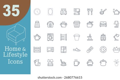A versatile collection of icons representing various aspects of home and lifestyle, including furniture, kitchenware, electronics, and common activities, suitable for web, print, and app design.