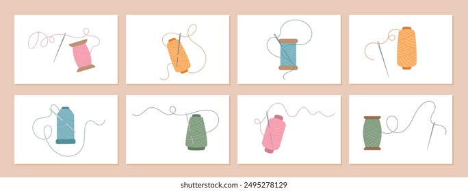 A versatile collection of illustrations depicting thread spools and needles in various colors. These sewing tools highlight essential elements like thread, needle, and spool for tailors projects.