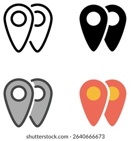 A versatile collection of map marker vector icons in four unique styles: outline, solid, dual tone, and flat. Perfect for use in mobile apps, GPS navigation, travel websites, location-based services.