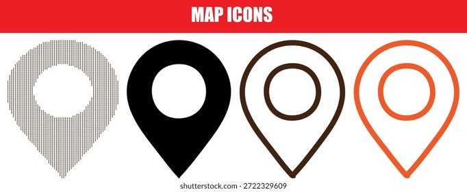 Colección versátil de iconos de pin de mapa que incluyen silueta negra sólida, arte de línea delgada, trazo naranja y patrones de puntos de semitono únicos para el diseño profesional de App de navegación, geografía de viajes y seguimiento de ubicación