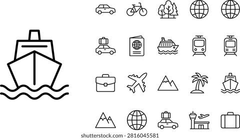 A versatile collection of minimal outline vector icons representing various modes of transportation and travel destinations. This clean line art set features ships, airplanes, trains, and nature elements, making it ideal for tourism applications and booking websites.A versatile collection of minimal outline vector icons representing various modes of transportation and travel destinations. This clean line art set features ships, airplanes, trains, and nature elements, making it ideal for tourism applications and booking websites.