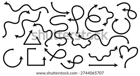 Versatile collection of minimalist black hand-drawn arrows featuring curvy paths and organic geometric direction pointers on a clean white background for creative design projects.