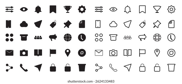 Versatile Collection of Minimalist Black-and-White Icons Representing Communication, Navigation, Multimedia, Security, and Interface Elements for Web and App Design