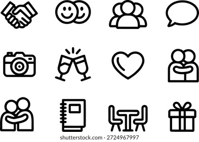 Uma coleção versátil de ícones de linha minimalistas que ilustram os principais aspectos da interação humana, relacionamentos, comunicação e ocasiões especiais.