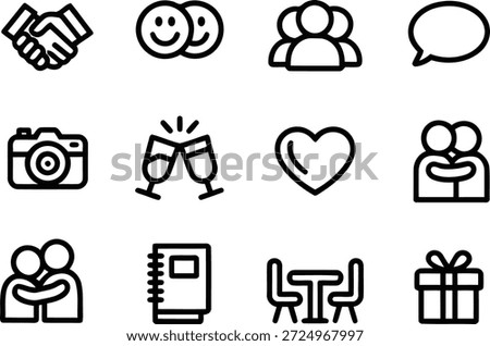 A versatile collection of minimalist line icons illustrating key aspects of human interaction, relationships, communication, and special occasions.