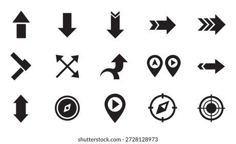 Eine vielseitige Sammlung von minimalistischen Navigations- und Richtungssymbolen mit verschiedenen Pfeilstilen, Kompassnadeln, Zielsymbolen und Positionsstiften. Diese fetten schwarzen Vektorsilhouetten eignen sich perfekt für das Design von Benutzeroberflächen (UI), Navigationsmenüs für Websites, Infografik-Karten, Wegweiser im Freien und Dashboards für mobile Anwendungen. Ein sauberes und funktionelles Set, das für hohe Sichtbarkeit und professionelle grafische Layouts entwickelt wurde.