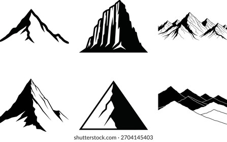 A versatile collection of modern black and white mountain vector icons, perfect for outdoor adventure logos, travel branding, and nature-themed graphic designs.