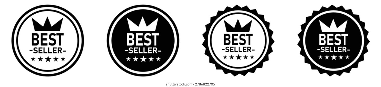 A versatile collection of modern black and white bestseller badges featuring crowns and five stars perfect for product promotion and quality assurance
