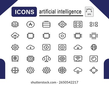Uma coleção versátil de ícones modernos que representam vários aspectos da inteligência artificial, tecnologia e inovação digital, perfeito para web e design de aplicativos.