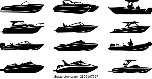 A versatile collection of motorboat and speed boat silhouette illustrations featuring luxury yachts, fishing boats, center console boats, and recreational watercraft. Perfect for marine branding, boating clubs, water sports, tourism, transportation, and nautical design projects.