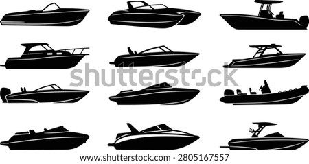 A versatile collection of motorboat and speed boat silhouette illustrations featuring luxury yachts, fishing boats, center console boats, and recreational watercraft. Perfect for marine branding, boating clubs, water sports, tourism, transportation, and nautical design projects.