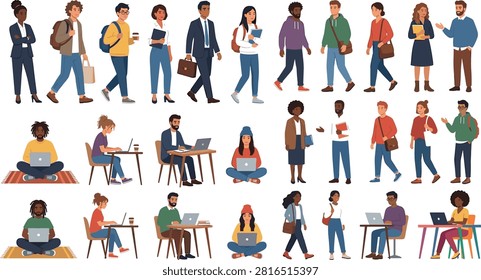 A versatile collection of multiethnic students, young professionals, and office workers walking, sitting cross-legged with laptops, working at desks, and having conversations. Ideal for university campus brochures, remote work landing pages, educational infographics, and corporate website designs.
