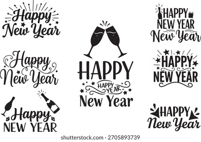 Una colección versátil de diseños tipográficos de “Feliz Año Nuevo” con decoraciones festivas y Elementos de celebración. Ideal para tarjetas de felicitación, carteles y una amplia gama de proyectos de vacaciones.