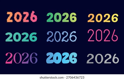 Una colección versátil de nueve estilos de tipografía coloridos diferentes de 2026 que incluyen Fuentes fallidas, escritas a mano y audaces sobre un fondo oscuro para proyectos creativos de diseño de año nuevo