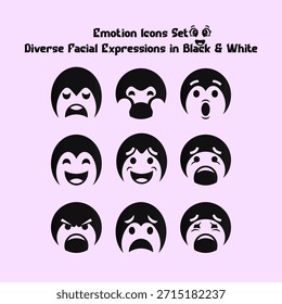 Uma coleção versátil de nove ícones emojis em preto e branco minimalistas que retratam uma ampla gama de emoções humanas, perfeitas para interfaces de usuário, web design ou gráficos de comunicação.