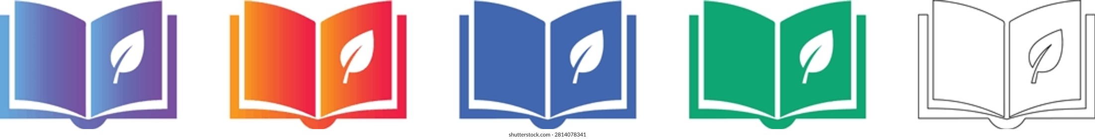 A versatile collection of open book icons, each featuring a delicate leaf symbol on the right page, presented in a range of vibrant colors including gradient purple blue, orange red, solid blue, solid green, and a clean outline version. These graphics evoke themes of nature, environment, education, learning, and sustainable knowledge. Ideal for eco friendly initiatives, educational platforms, libraries, or any content related to biology, botany, or environmental studies. The flat design style ma