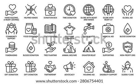Versatile collection of philanthropic symbols showcasing social responsibility and welfare programs. Icons represent food donations and medical aid alongside environmental protection and disability support initiatives for fundraising campaigns and non profit agency websites.