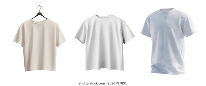 A versatile collection of plain white and beige t-shirts, including one on a hanger. Ideal for showcasing designs, mockups, and fashion presentations. Minimalistic and clean for various applications.