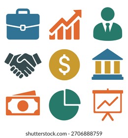 Eine vielseitige Kollektion professionell gestalteter Geschäftssymbole, die sich für Websites, Präsentationen und Marketingmaterialien eignen. Umfasst ein breites Spektrum branchenspezifischer Grafiken für klare