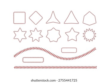 A versatile collection of red baseball lace patterns arranged in various geometric shapes, frames, stars, and decorative dividers on a clean white background.