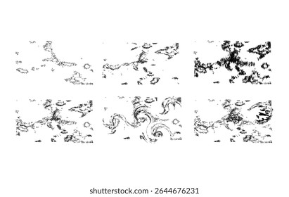 A versatile collection of six abstract black ink texture, minimal splatter effects, scattered grunge patterns, vertical scratch distortions, and dynamic fluid swirls.