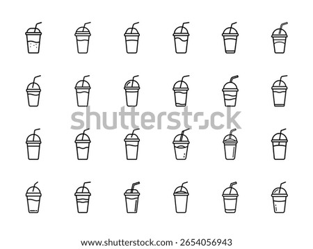 Versatile Collection of Smoothie and Milkshake To-Go Cup Icons - A Minimalist Line Art Vector Set of Various Cold Beverage Drinks with Lids and Straws for Juice Bars, Cafes, and Takeaway Menus.