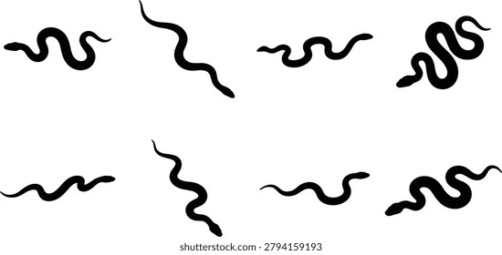 A versatile collection of snake silhouettes featuring various slithering and winding poses. These vector elements are ideal for nature-themed graphic design, logos, educational materials, and tattoo inspiration.

