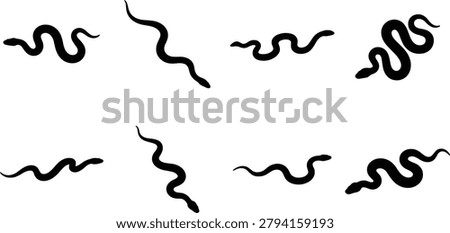 A versatile collection of snake silhouettes featuring various slithering and winding poses. These vector elements are ideal for nature-themed graphic design, logos, educational materials, and tattoo inspiration.
