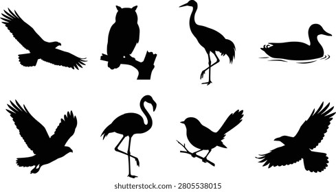 A versatile collection of solid black bird silhouettes featuring various species like eagles, owls, flamingos, and ducks. These high contrast, clean line art illustrations are perfect for nature-themed designs, logos, conservation graphics, and wildlife projects.