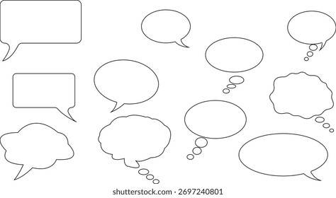 A versatile collection of speech bubbles for design. Ideal for representing dialogue and conversation, these vector graphics enhance any communication-themed project.
