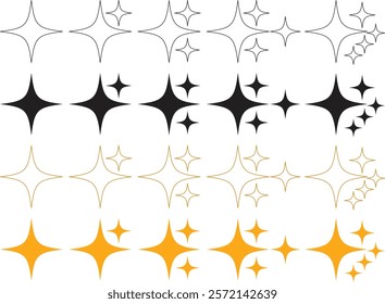 A versatile collection of starburst designs in black, white, and gold hues. This set features symmetrical patterns and diverse sizes, perfect for graphic design, branding, and creative projects.