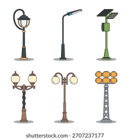a versatile collection of street lamp illustrations featuring different styles, including vintage, modern led, solar powered, and large floodlights.