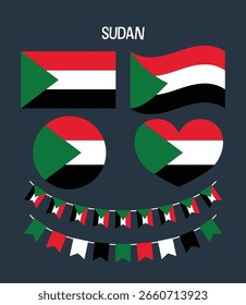A versatile collection of Sudan national flags in multiple shapes and styles. Perfect for educational materials, patriotic designs, or cultural projects