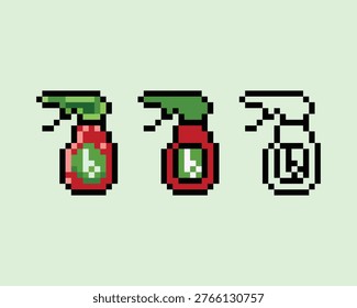 A versatile collection of three pixel art icons depicting a red and green spray bottle. This set includes a shaded retro version, a flat color design, and a clean black-and-white outline. Ideal for household cleaning apps, gardening simulation games, and inventory UI assets.