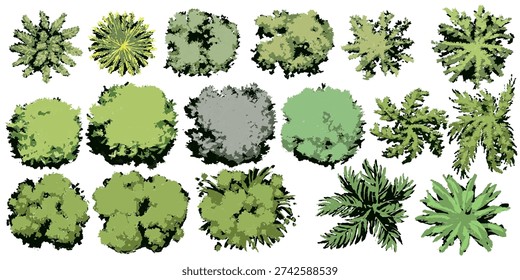 versatile collection of top-down landscape illustrations, designed for architectural site plans, urban mapping, and garden design layouts with a clean, hand-drawn aesthetic.