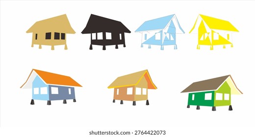 A versatile collection of tropical stilt house (vernacular architecture) icons. This set features seven different variations, ranging from solid black silhouettes and minimalist outlines to vibrant colorful flat designs. These illustrations represent traditional wooden houses commonly found in Southeast Asia, perfect for architectural icons, travel infographics, cultural branding, and village-themed graphic projects.
