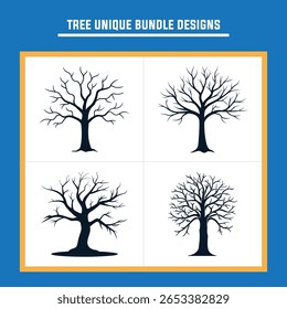 Uma coleção versátil de desenhos de silhueta de árvore nua única, perfeito para representar o inverno, queda ou temas naturais abstratos.