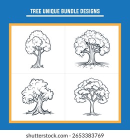 A versatile collection of unique tree designs, featuring both intricate silhouettes and detailed outlines, perfect for graphic projects.