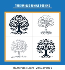 A versatile collection of unique tree designs, featuring both intricate silhouettes and detailed outlines, perfect for diverse graphic projects.