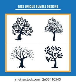A versatile collection of unique tree designs, featuring stylized swirls, intricate foliage, and bare branches, suitable for various graphic projects.

