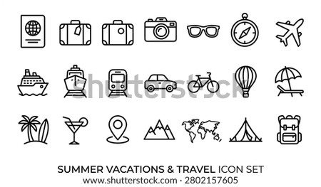Versatile collection of vacation icons including transport modes like airplane and train with leisure symbols such as beach chair and cocktail for global tourism marketing and outdoor exploration projects including camping gear and photography equipment.